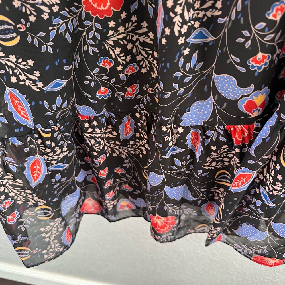 Romantic Floral Tie Neck Dress Black Sheer Sleeve Ruffle Boho - Size 14 - Picture 6 of 13